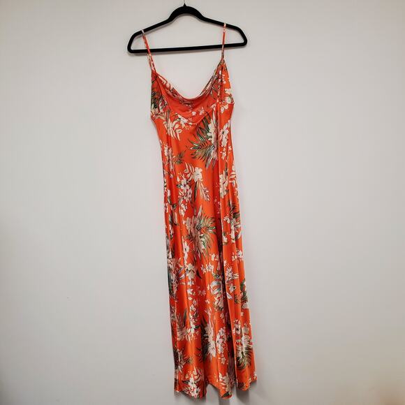 Paper Heart Silky Maxi Dress M Orange Floral Cowl Neck High Slit Garden Party - Picture 3 of 16